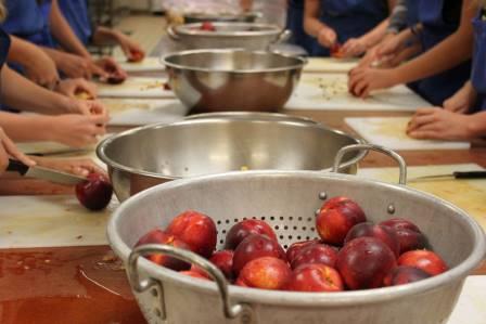 Many hands, make light work as the Corvallis High School girls soccer team helps slice fresh nectarines. The Oregon-grown fruit will be frozen and used in school lunches during the winter months